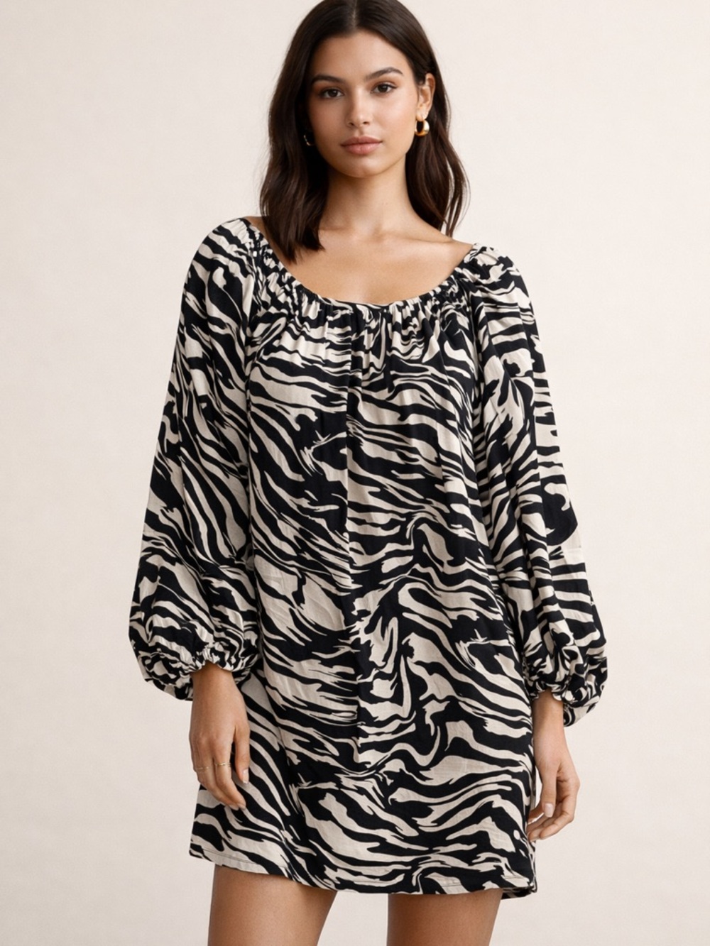 H&M Black and White Zebra Print Long Sleeve Tunic Dress